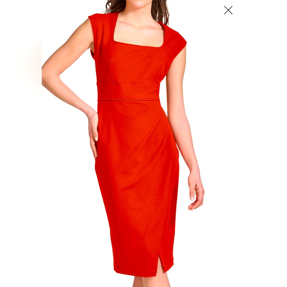 Calvin Klein Vibrant Red Midi Dress with gold zipper In the back